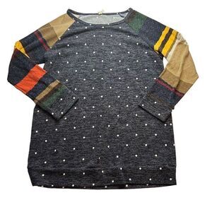 Bellamie Pullover Sweater Navy Blue Polka Dot Striped Sleeve